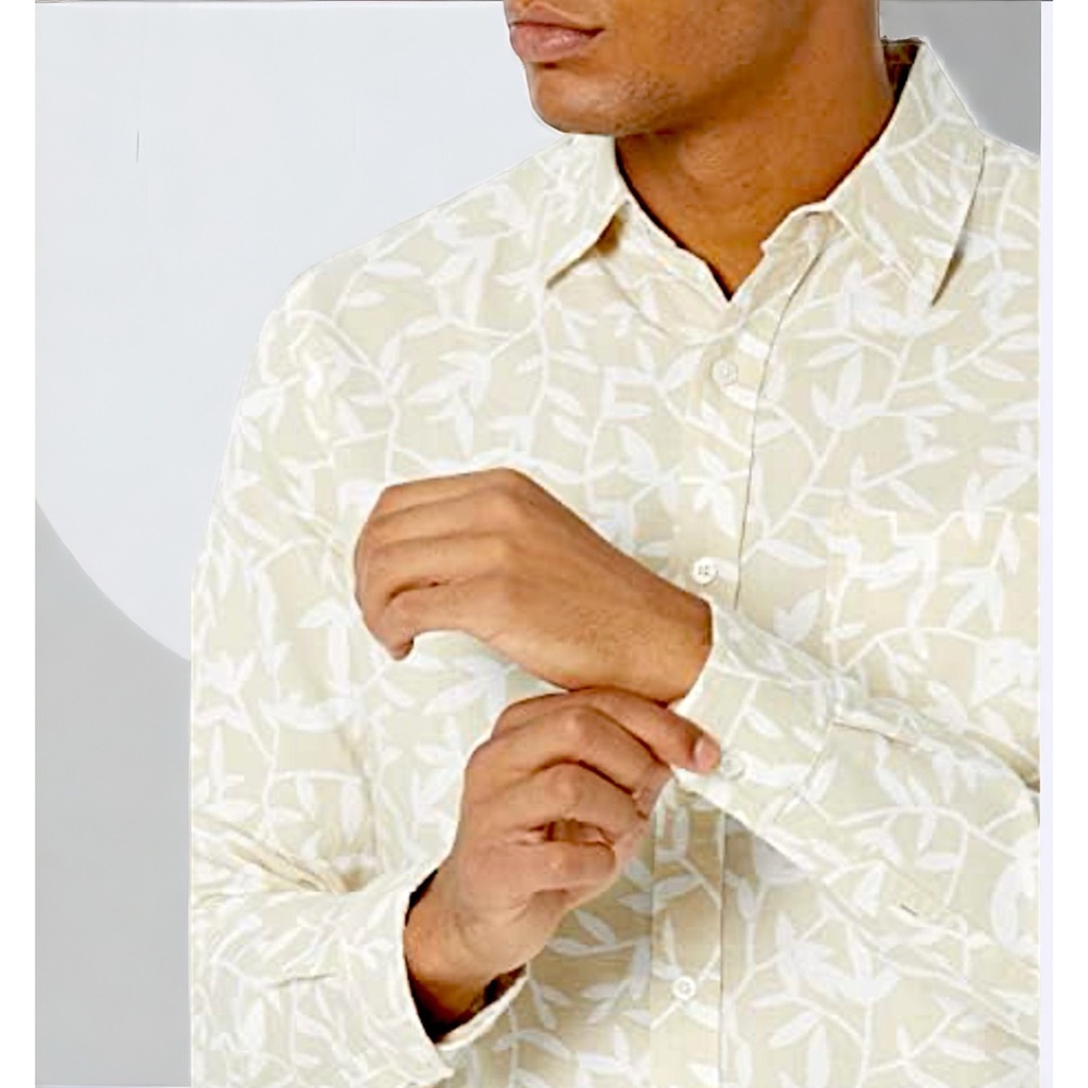 Linen Blend Tropical Print Mens Long Sleeve Button Up Shirt Vacation Wedding Top